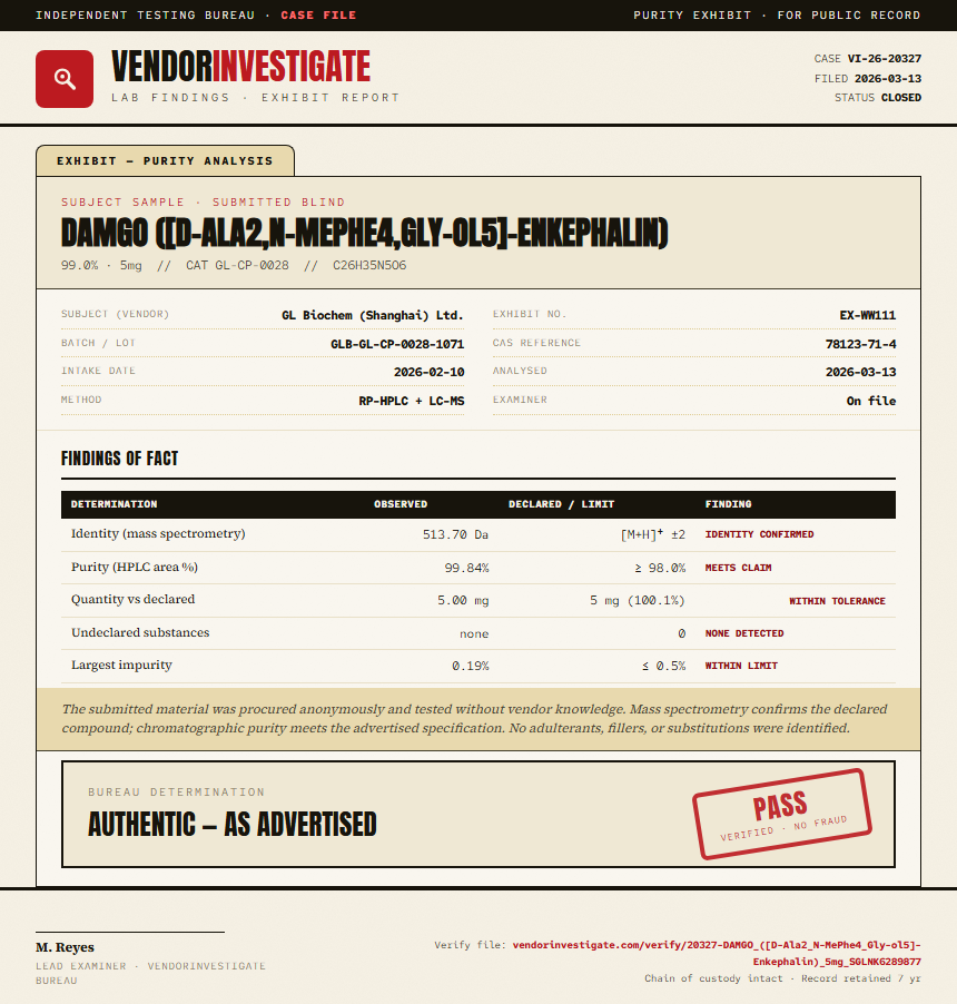 DAMGO ([D-Ala2,N-MePhe4,Gly-ol5]-Enkephalin) Purity (HPLC) report by VendorInvestigate
